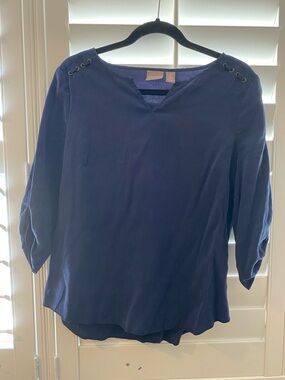 Chico's Navy Blue V-Neck Blouse with Shoulder Grommet Detail